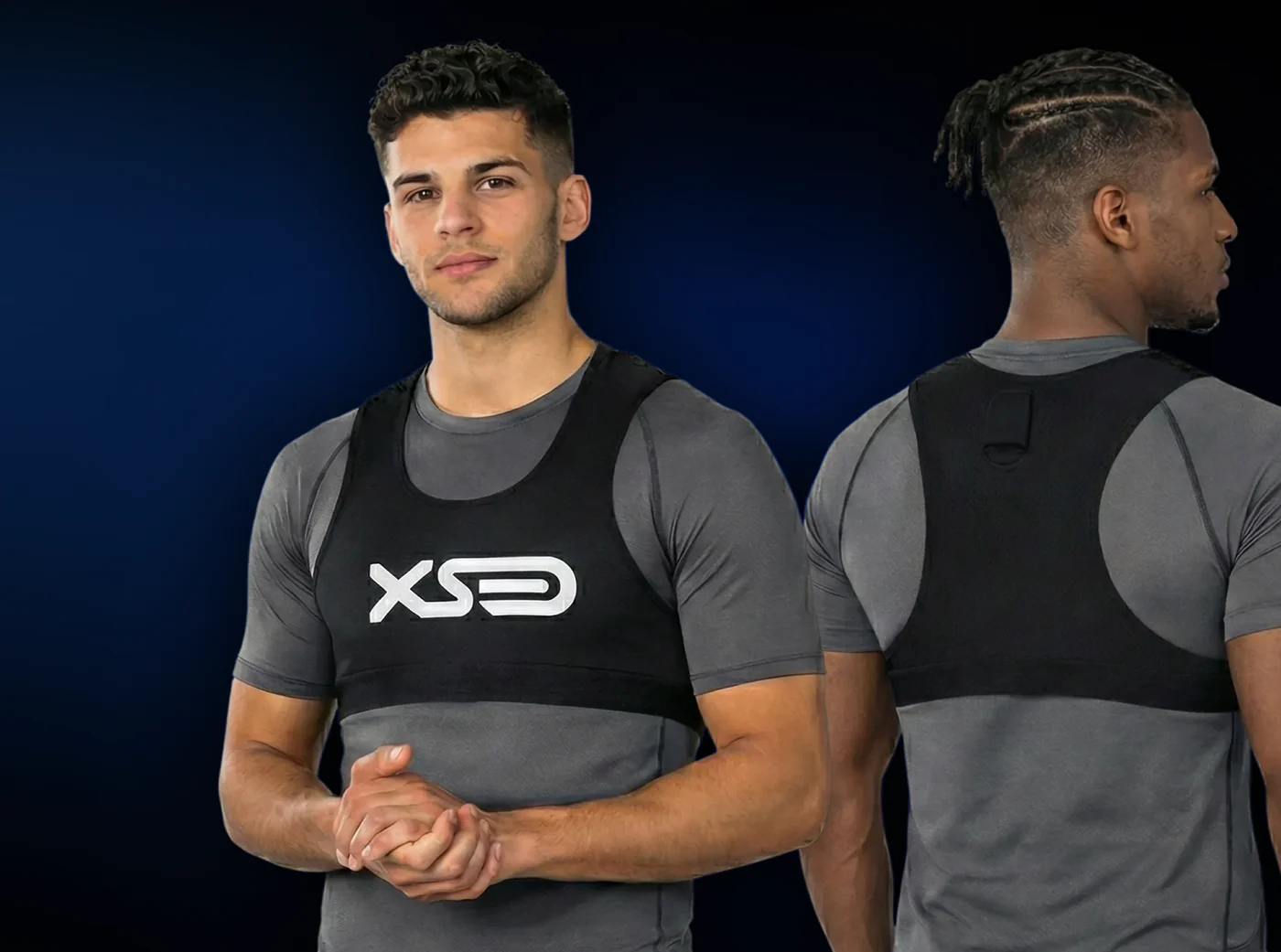 Two athletes wearing the XSEED GPS vest, front and back