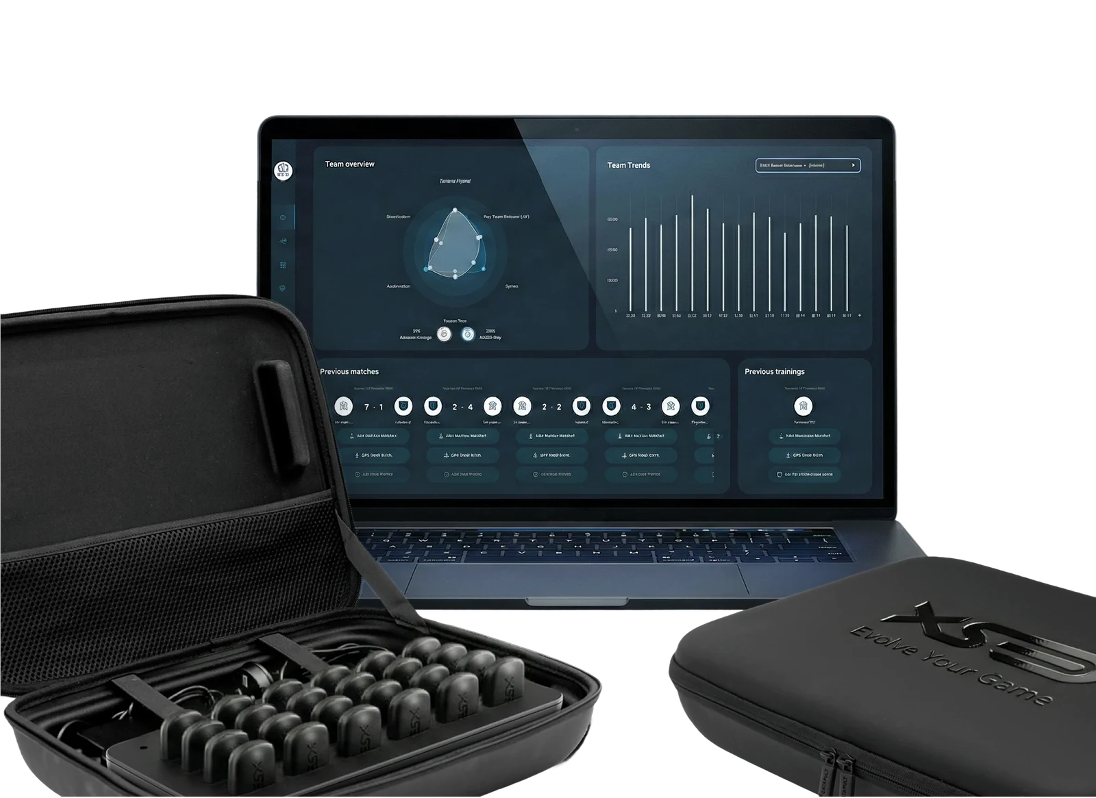 XSEED GPS kit in its carry case beside a laptop showing the team overview dashboard