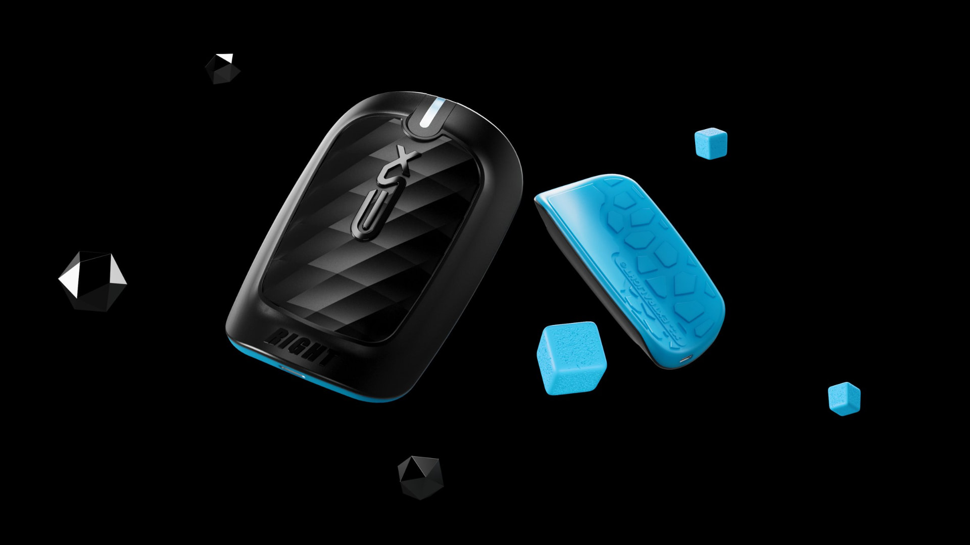 XSEED shinguard device with blue insert and foam cubes on a white background