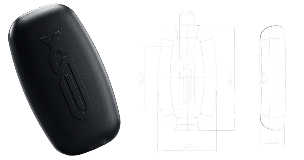 XSEED GPS pod render beside a technical drawing with dimensions in millimetres